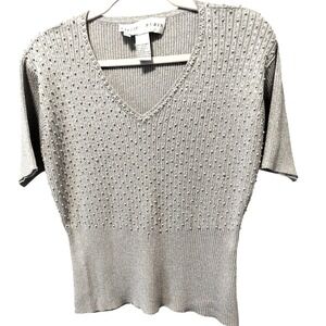 Lillie Rubin Silver Metallic Ribbed Short Sleeve Beaded V Neck Top Women's Large